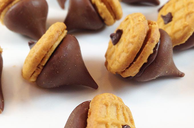 Peanut Butter & Chocolate Acorns. Perfect little fun bite for kid parties and harvest time. Great DIY kids' craft. Super cute. Fun to make, fun to eat.