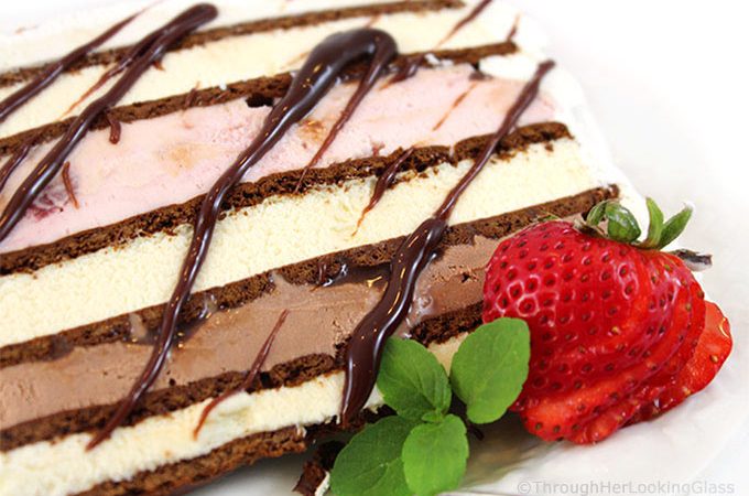 This Easy Neapolitan Ice Cream Sandwich Cake Recipe is fast fast fast to make. And it disappears just as quickly too. Layer ice cream and fudge sauce between ice cream sandwiches and you're good to go! Say goodbye to expensive store bought ice cream cakes this summer.