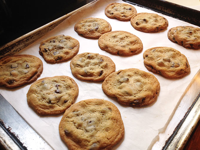 King Arthur Chocolate Chip Cookies on a baking sheet with parchment paper