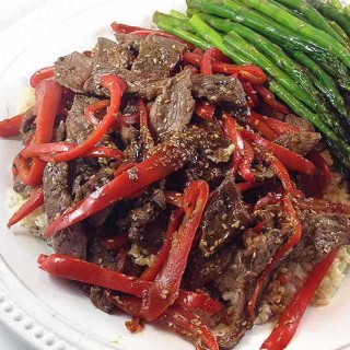 Sesame Beef & Red Peppers w/Roasted Asparagus. Try a relaxed night in, great food and great company. Sesame Beef, Roasted Asparagus and stunning Chocolate Raspberry Tart.