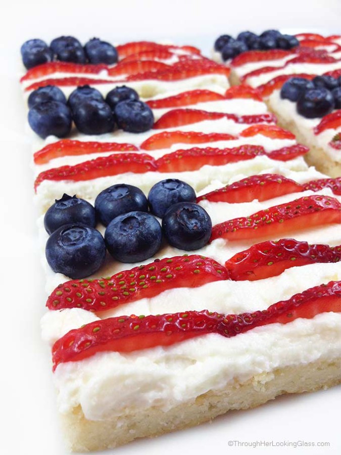Star Spangled Berry Mascarpone Shortbread. Crunchy shortbread & summer berries. Festive & fun! Mini flag dessert for 4th of July, Labor Day & Memorial Day.