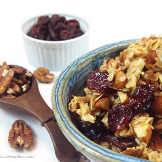 Cherry Pecan Granola. Absolutely scrumptious. Clean-eating. Sunflower seeds, almonds, pecans, rolled oats, dried cherries, honey. Gluten-free.