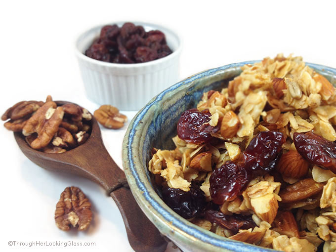 Cherry Pecan Granola. Absolutely scrumptious. Clean-eating. Sunflower seeds, almonds, pecans, rolled oats, dried cherries, honey. Gluten-free.