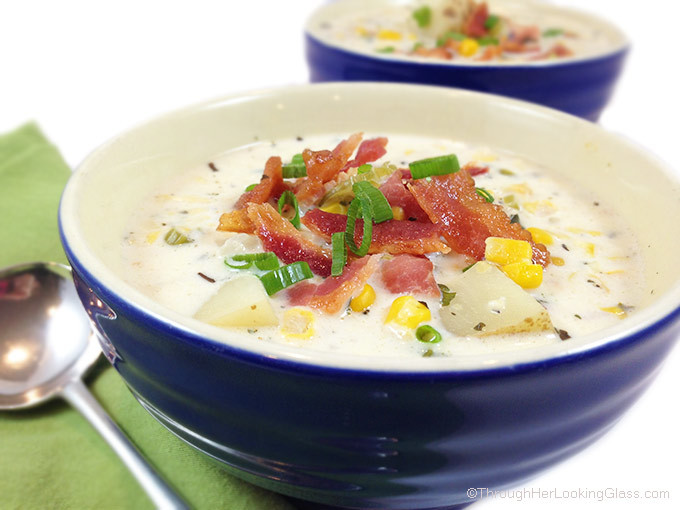 Famous New England Bacon Corn Chowder. It's magical coming in from the cold on a blustery winter day to a steaming bowl of creamy bacon corn chowder.