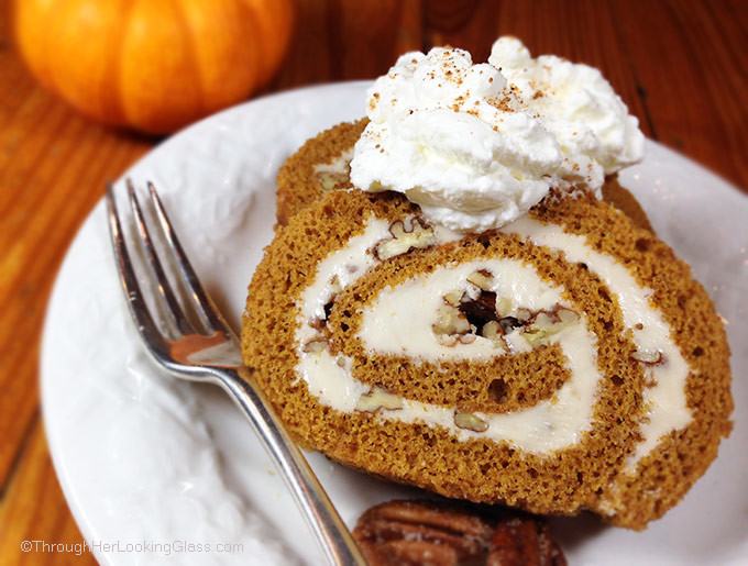 Sugared Pecan Maple Pumpkin Roll. Love maple syrup? You'll love this ultimate fall dessert. Creamy maple filling, sugared pecans & spiced pumpkin roll. Wow.