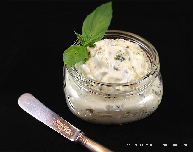 Basil Pesto Mayonnaise: a treat on deli or BLT sandwiches. Quick 2 ingredients, then slather it on for a delicious taste of summer no matter the season!