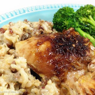 Easy Chicken Thigh & Wild Rice Bake takes 5 minutes to make & bakes unattended for several hours. The chicken & rice are moist and flavorful. Comfort food!