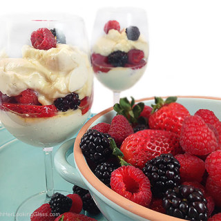 Triple Berry Yogurt Parfait w/Maple Syrup: vanilla bean Greek yogurt pairs w/fresh berries. Protein packed addition to breakfast or brunch. Healthy snack!