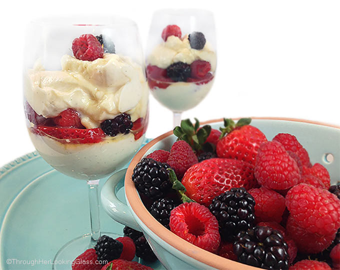 Triple Berry Yogurt Parfait w/Maple Syrup: vanilla bean Greek yogurt pairs w/fresh berries. Protein packed addition to breakfast or brunch. Healthy snack!
