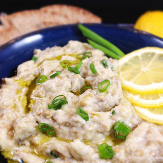 Baba Ghanoush Roasted Eggplant Dip: healthy and addictive! Delicious Middle Eastern dip for fresh veggies or pita bread. Garlic, tahini & fresh lemon juice!