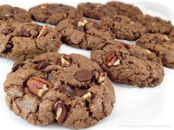 Bakery Style Chocolate Chocolate Chip Cookies are crunchy on the outside, chewy on the inside. Chock full of dark chocolate chips, pecans and cocoa. Yummers!
