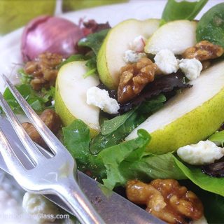 Pear Gorgonzola Salad w/Walnuts & Maple vinaigrette: addictive salad. Sweet maple vinaigrette w/pure maple syrup & shallots complements pears & greens.