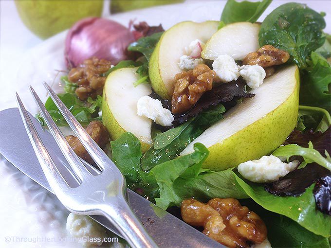 Pear Gorgonzola Salad w/Walnuts & Maple vinaigrette: addictive salad. Sweet maple vinaigrette w/pure maple syrup & shallots complements pears & greens.