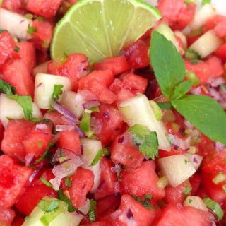 Watermelon Salsa: sweet & spicy. Refreshing in summer. Watermelon, honeydew, jalapeno, sweet red onion, cilantro and mint! Perfect summer salsa twist!