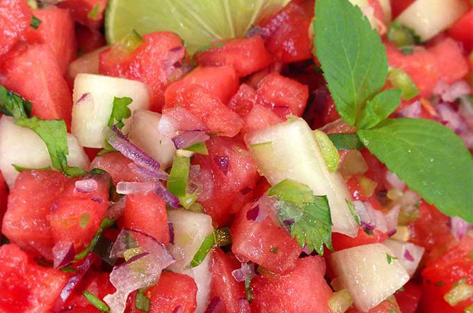 Watermelon Salsa: sweet & spicy. Refreshing in summer. Watermelon, honeydew, jalapeno, sweet red onion, cilantro and mint! Perfect summer salsa twist!