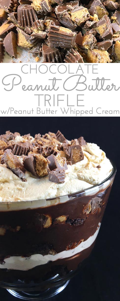 Chocolate Peanut Butter Trifle with Peanut Butter Whipped Cream only looks hard to make! Brownie crumbles, homemade peanut butter whipped cream and creamy chocolate pudding layer with chopped peanut butter cups.