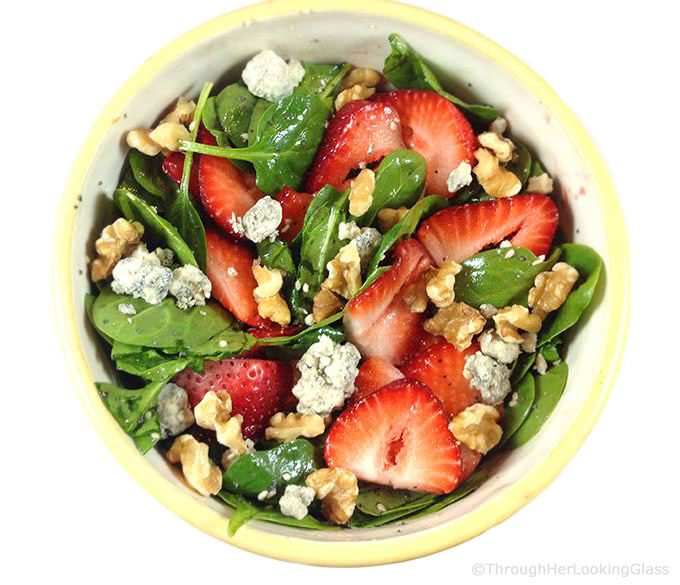Strawberry Spinach Salad. A beautiful salad with contrasting greens and brilliant berries. Create the sweet, tangy, homemade dressing in the blender.