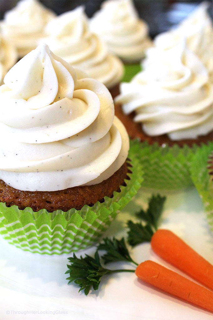 Carrot Cake Cupcakes w/Vanilla Bean Cream Cheese Frosting: tender, carrot cake cupcakes with beautiful texture. Luscious cream cheese icing with vanilla bean flecks. Out of this world good!