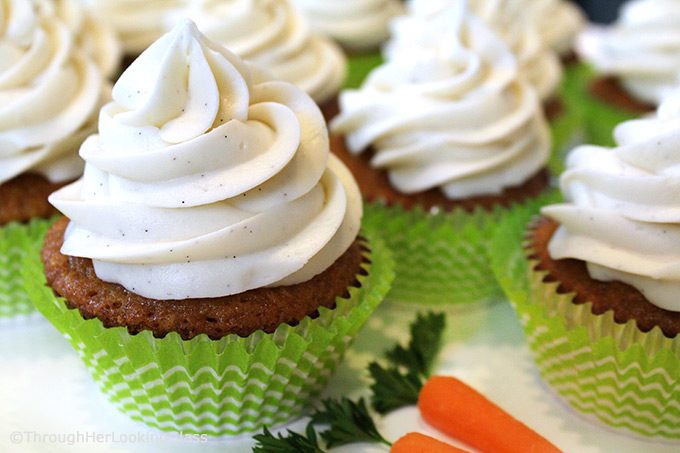 Carrot Cake Cupcakes w/Vanilla Bean Cream Cheese Frosting: tender, carrot cake cupcakes with beautiful texture. Luscious cream cheese icing with vanilla bean flecks. Out of this world good!