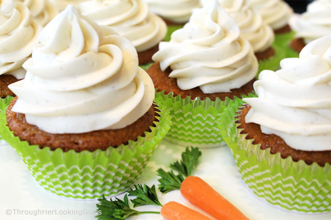 Carrot Cake Cupcakes w/Vanilla Bean Cream Cheese Frosting: tender, carrot cake cupcakes with beautiful texture. Luscious cream cheese icing with vanilla bean flecks. Out of this world good!