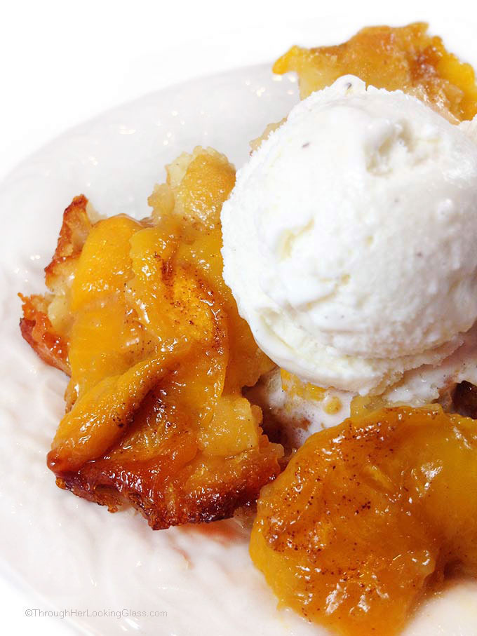 Roasted Peach Cobbler. The batter underneath cooks, bubbles up all around the peaches. Gets all crispy and yummy on the edges. Fabulous!!!