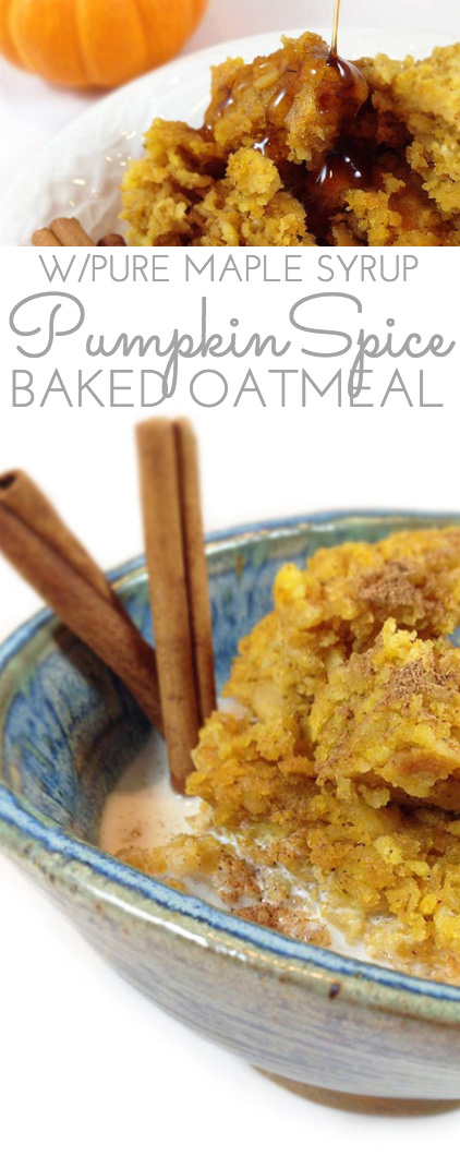 Maple Pumpkin Baked Oatmeal. Easy weekday or weekend breakfast. Makes a 9 X 13" panful. Easy & delicious baked oatmeal recipe w/canned pumpkin, sweetened w/ maple syrup.