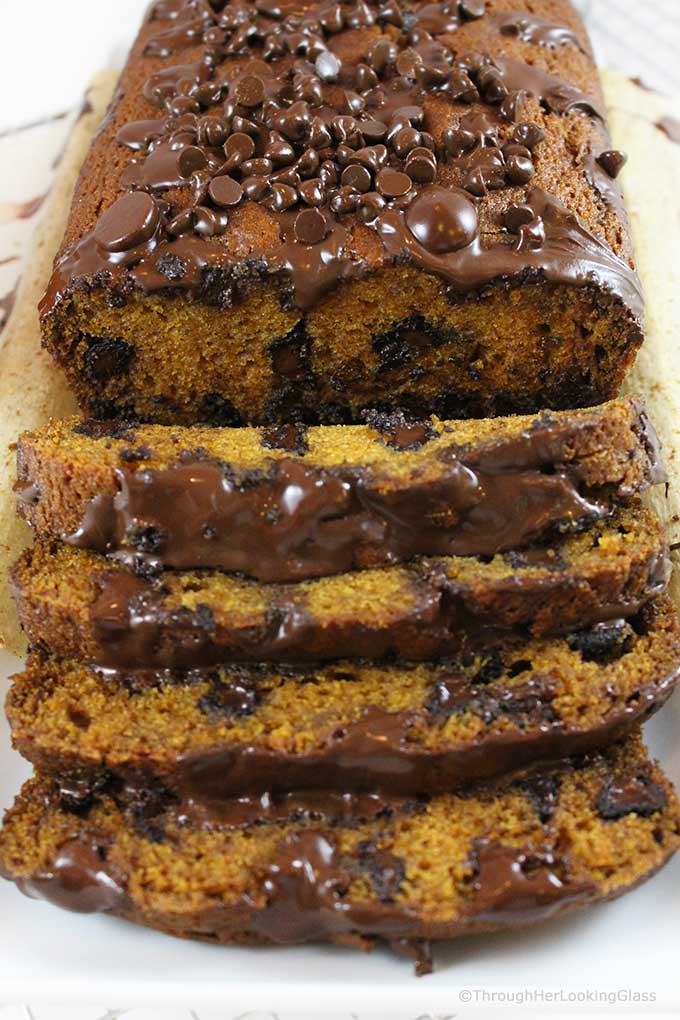 Pumpkin Chocolate Chip Bread: moist and tender pumpkin bread, studded throughout with chocolate chips! Perfect sweet nibble with a cup of tea.