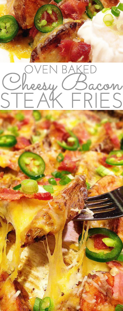 Cheesy Jalapeno Bacon Steak Fries: scrumptious appetizer or main dish. Crispy cheese smothered steak fries w/ bacon crumbles, green onions & jalapenos.