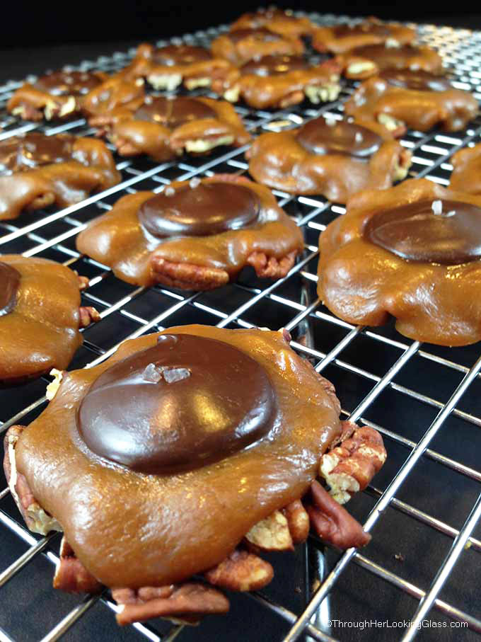 Salted Caramel Pecan Turtles. Chocolate and caramel, salty and sweet. Easiest candy to make. Ever. No candy thermometer. Perfect gift or treat.