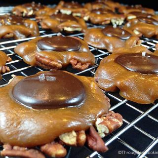 Salted Caramel Pecan Turtles. Chocolate and caramel, salty and sweet. Easiest candy to make. Ever. No candy thermometer. Perfect gift or treat.