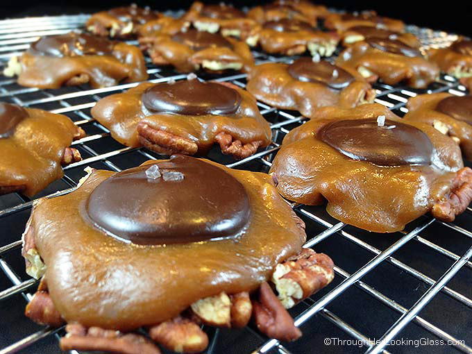 Salted Caramel Pecan Turtles. Chocolate and caramel, salty and sweet. Easiest candy to make. Ever. No candy thermometer. Perfect gift or treat.