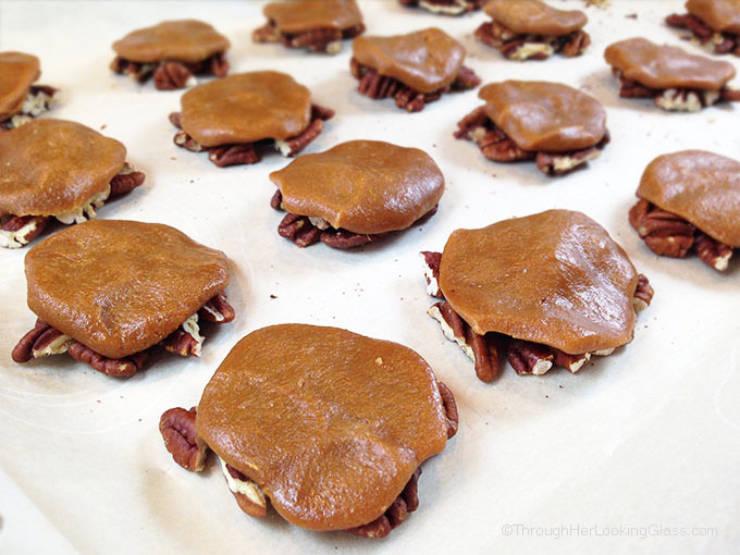 Salted Caramel Pecan Turtles. Chocolate and caramel, salty and sweet. Easiest candy to make. Ever. No candy thermometer. Perfect gift or treat.