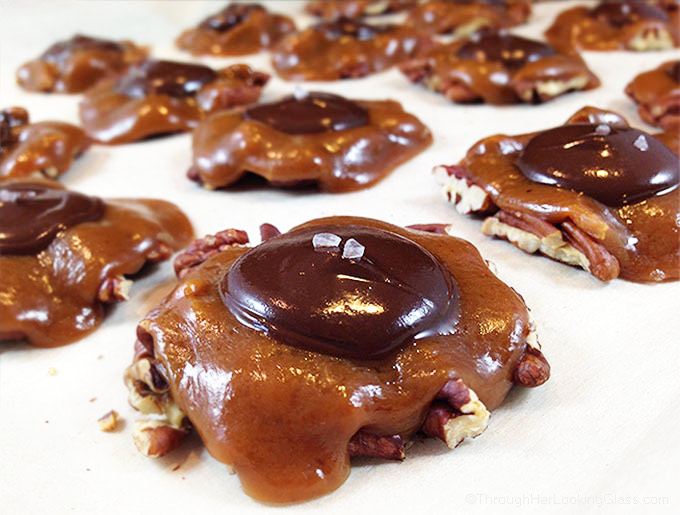 Salted Caramel Pecan Turtles. Chocolate and caramel, salty and sweet. Easiest candy to make. Ever. No candy thermometer. Perfect gift or treat.