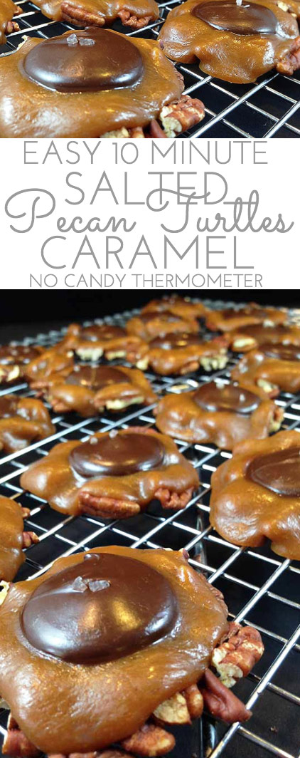 Salted Caramel Pecan Turtles. Chocolate and caramel, salty and sweet. Easiest candy to make. Ever. No candy thermometer. Perfect gift or treat.