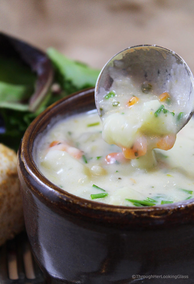 Tried and true, this Irish Potato Chowder Recipe won't disappoint! Creamy, rich chowder chock full of potatoes, carrots, celery and herbs.