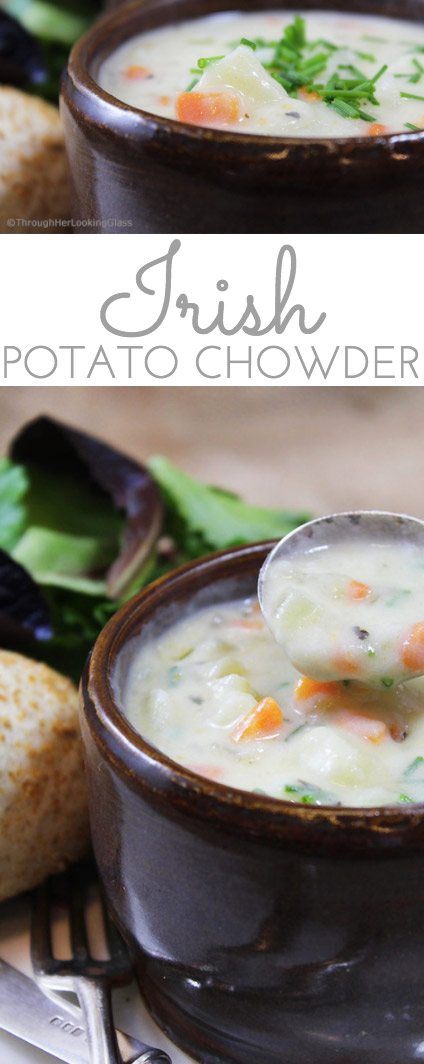 Tried and true, this Irish Potato Chowder Recipe won't disappoint! Creamy, rich chowder chock full of potatoes, carrots, celery and herbs.