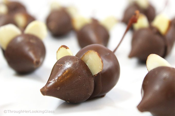 These itty bitty Chocolate Mice Candy w/Chocolate Covered Cherries are clever and cute. Easy to make. Just a few ingredients you probably have in your cupboard. Kids of all ages snap up these whimsical chocolate treats!