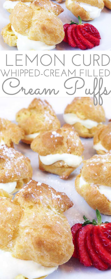 Lemon Curd Whipped Cream Filled Easy Cream Puffs are a light and puffy dessert, perfect for spring baby or wedding showers, even Easter. Beautiful presentation and so easy to make!