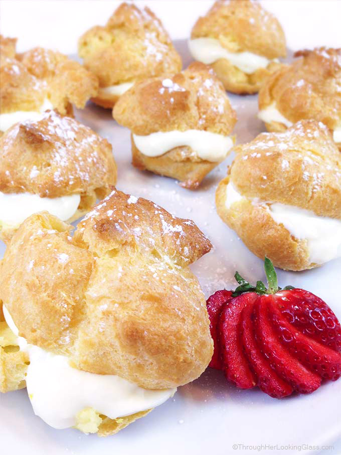 Lemon Curd Whipped Cream Filled Easy Cream Puffs are a light and puffy dessert, perfect for spring baby or wedding showers, even Easter. Beautiful presentation and so easy to make!
