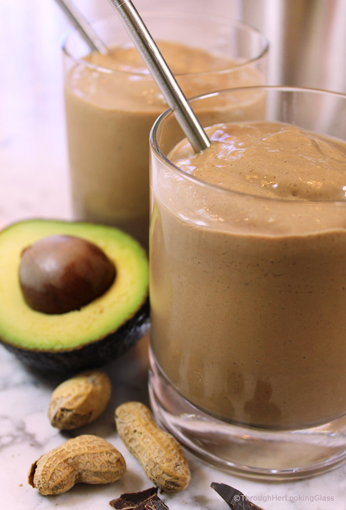 Try this Chocolate Peanut Butter Smoothie Recipe w/Avocado. I've been perfecting it for the last few weeks now. It's extra creamy, chocolatey and peanut buttery - and packed with 25 grams of protein and no added sugar.