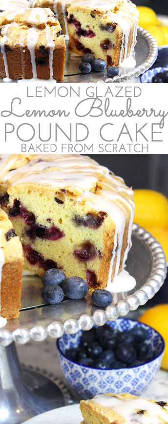 A generous slice of this Glazed Lemon Blueberry Pound Cake is especially scrumptious accompanied by a tall glass of fresh squeezed lemonade. And a sprig of mint. Tender, buttery lemon pound cake is studded with fresh, juicy blueberries for the perfect summer combo.