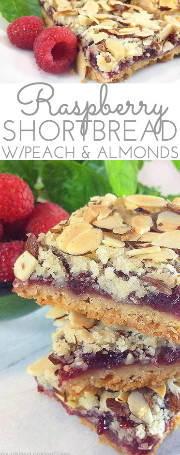 These old-fashioned Peach & Raspberry Shortbread Squares (w/Almonds) are perfect for picnics and lunch boxes this summer. Crunchy and sweet, buttery and packed with peach, almond & raspberry flavor.