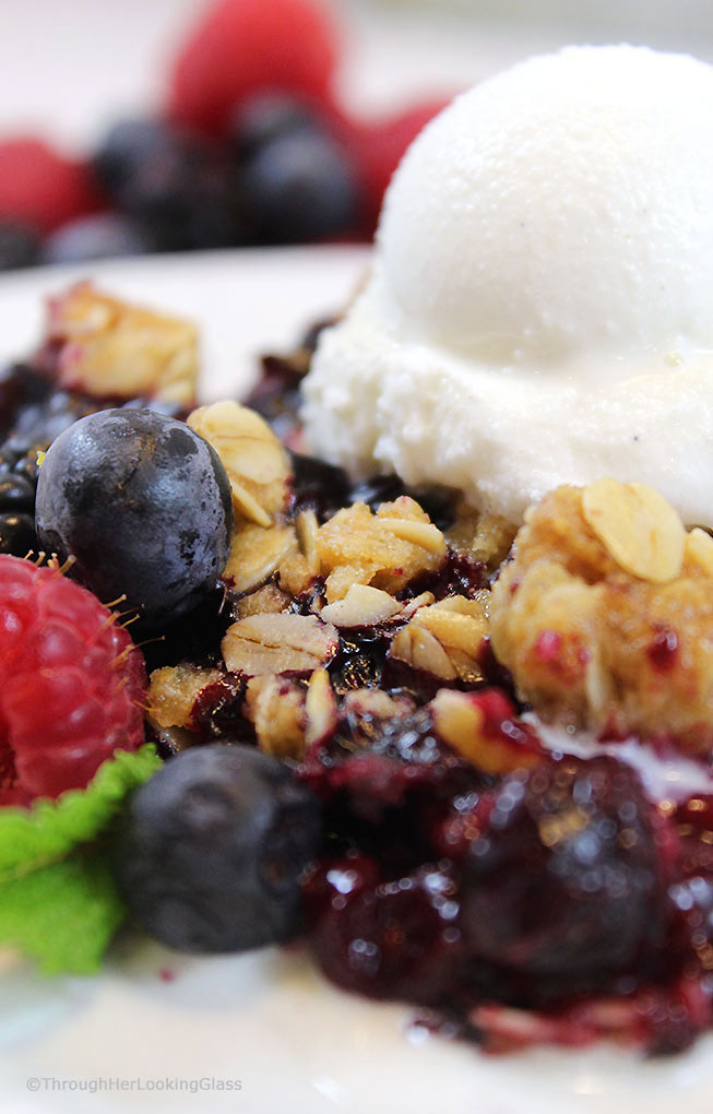 This Summer Triple Berry Crumble Recipe has all the berry-licious fresh summer flavors you crave: blueberries, blackberries and raspberries. All topped with a sweet and crunchy oatmeal crumble.