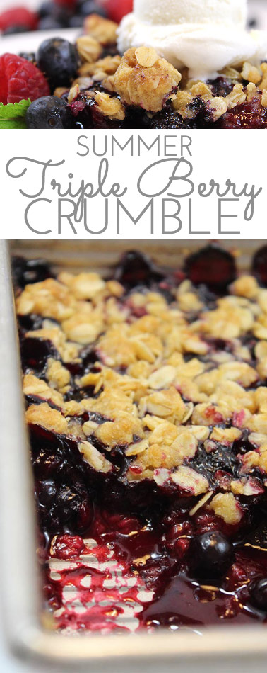 This Summer Triple Berry Crumble Recipe has all the berry-licious fresh summer flavors you crave: blueberries, blackberries and raspberries. All topped with a sweet and crunchy oatmeal crumble.