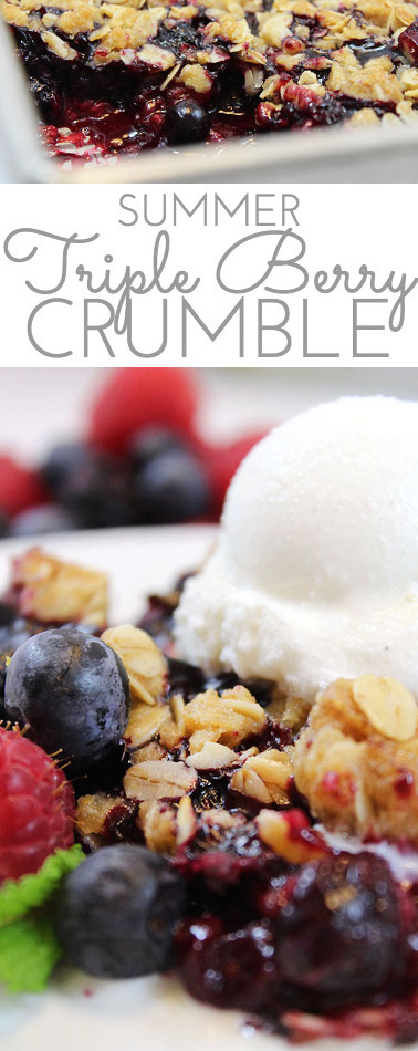 This Summer Triple Berry Crumble Recipe has all the berry-licious fresh summer flavors you crave: blueberries, blackberries and raspberries. All topped with a sweet and crunchy oatmeal crumble.