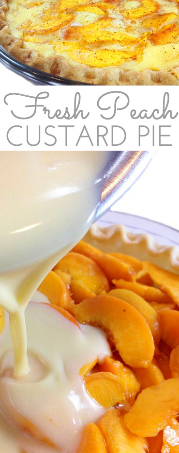 the pinterest image for this peach custard pie recipe