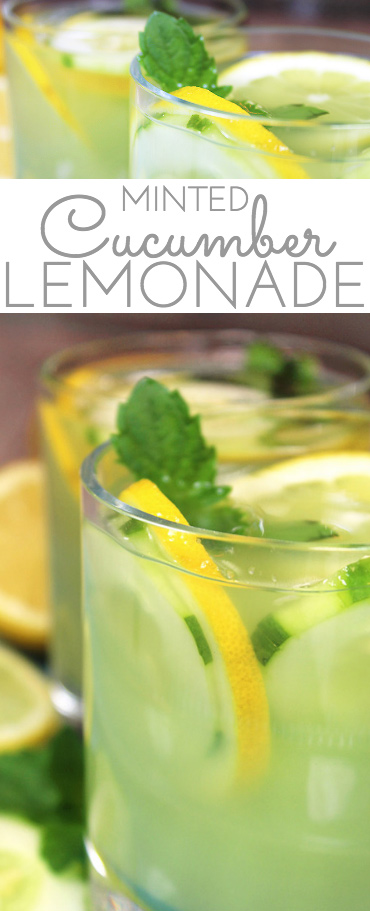 Mint Infused Cucumber Lemonade is a refreshing cold, all natural drink on a hot day. Sweet lemonade combines with fresh cucumber juice and muddled mint and is delicious iced! Refreshing cold sip for a hot summer's day.