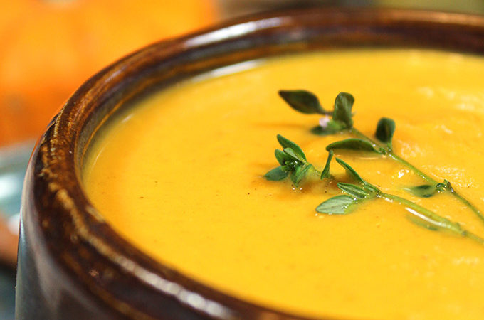Maple Pumpkin Bisque: creamy, flavorful pumpkin soup lightly sweetened with pure maple syrup. Perfect appetizer or main for fall and winter. You'll love this easy seasonal bisque made with canned pumpkin.
