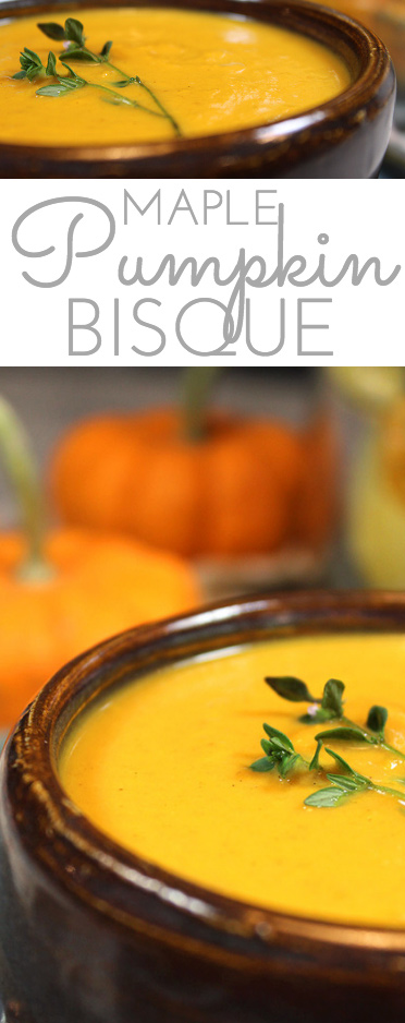 Maple Pumpkin Bisque: creamy, flavorful pumpkin soup lightly sweetened with pure maple syrup. Perfect appetizer or main for fall and winter. You'll love this easy seasonal bisque made with canned pumpkin.