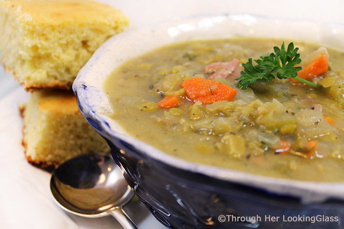 Hearty Split Pea and Ham Soup is the perfect steaming bowlful on a chilly winter day. Sautéed carrots, onions and celery simmer with split peas, ham and flavorful spices for a hearty and nutritious soup that hits the spot.